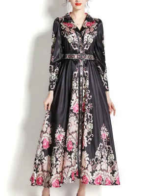 Black Lapel Collar Ruffles Lantern Sleeve Bohemian Dress Maxi Dress