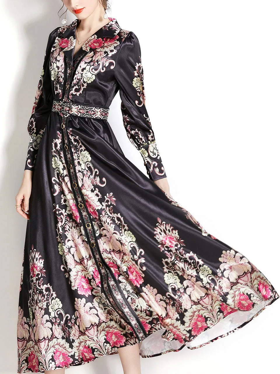 Black Lapel Collar Ruffles Lantern Sleeve Bohemian Dress Maxi Dress