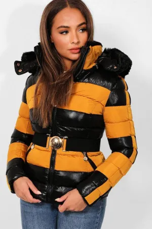 Black Mustard Belted Padded Biker Jacket