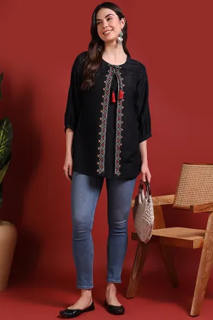 Black Silk Blend Embroidered Regular Top