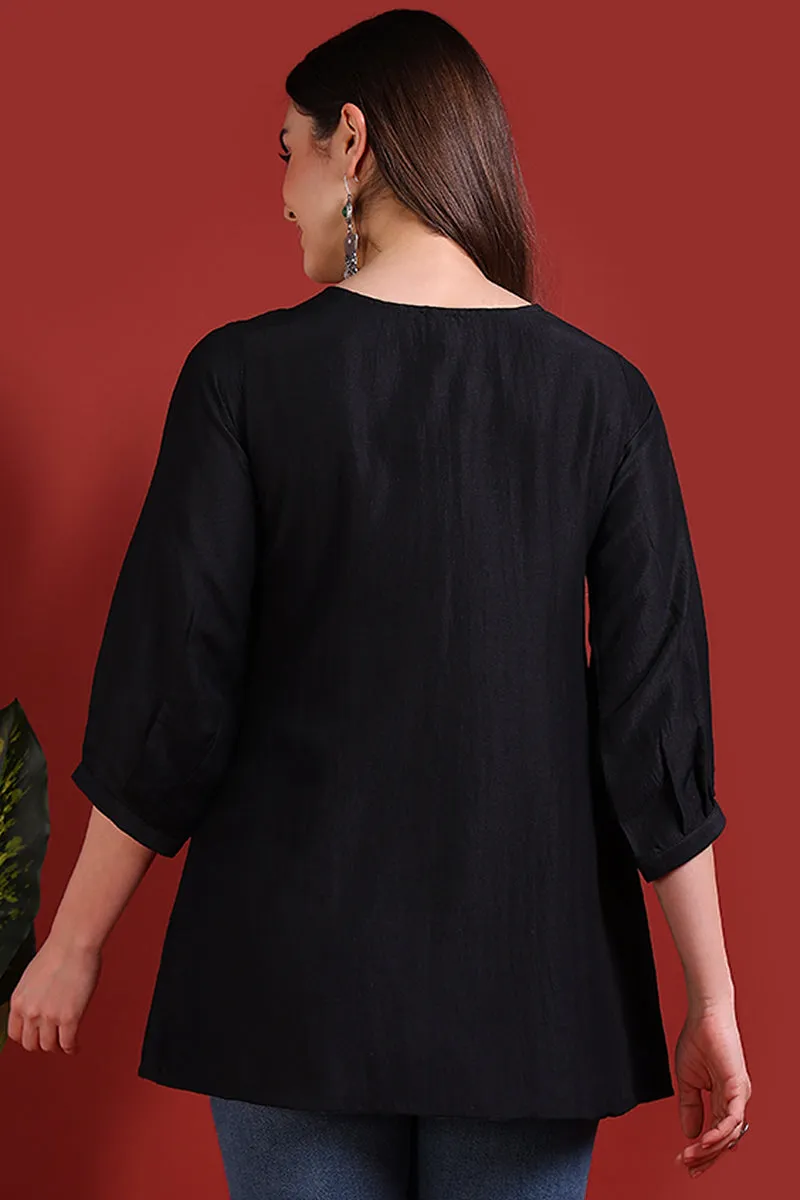 Black Silk Blend Embroidered Regular Top