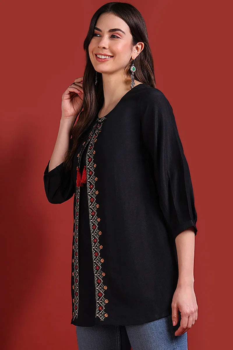 Black Silk Blend Embroidered Regular Top