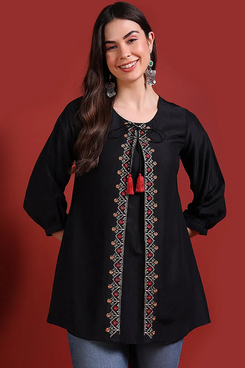 Black Silk Blend Embroidered Regular Top