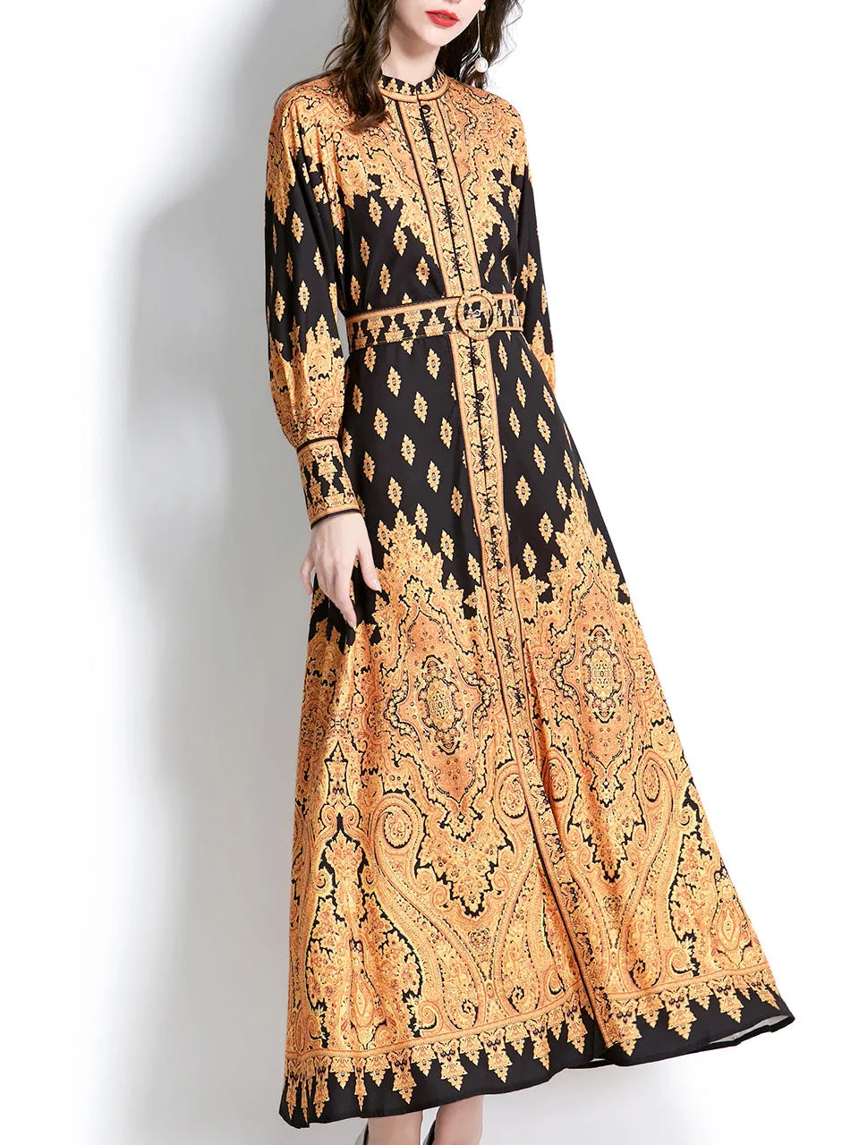 Black Stand Collar Floral Printed Boho Dress Maxi Dress