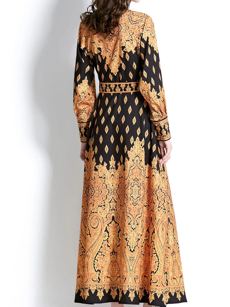 Black Stand Collar Floral Printed Boho Dress Maxi Dress