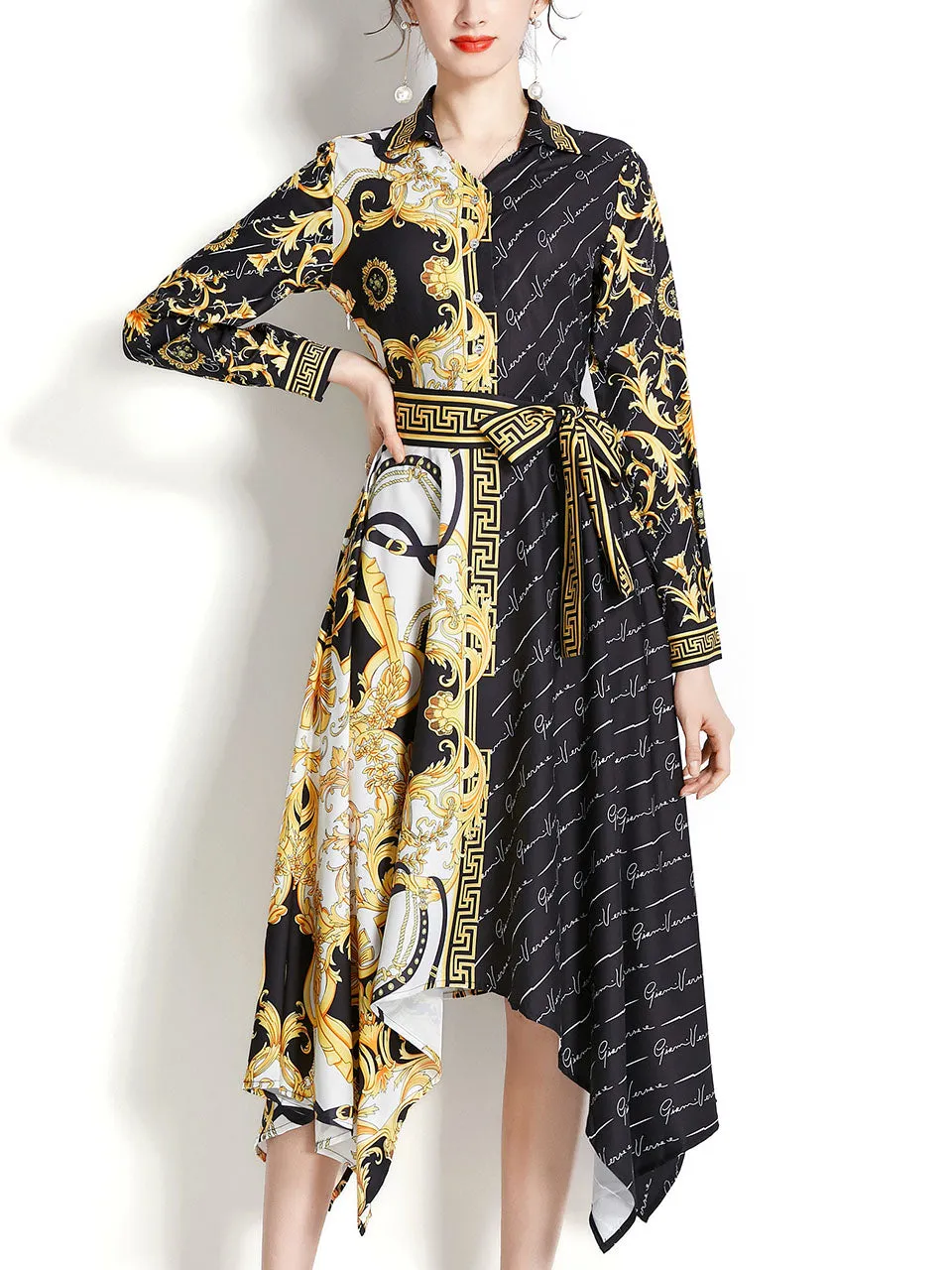 Black Turn Down Collar Floral Print Irregular Hem Bohemian Dress Maxi Dress