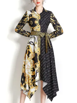 Black Turn Down Collar Floral Print Irregular Hem Bohemian Dress Maxi Dress