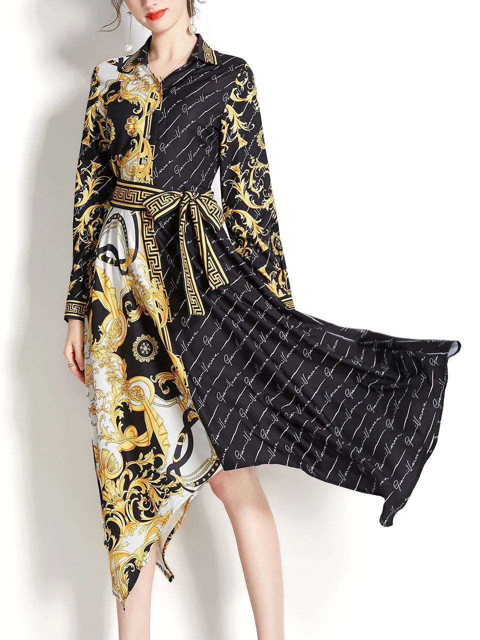 Black Turn Down Collar Floral Print Irregular Hem Bohemian Dress Maxi Dress