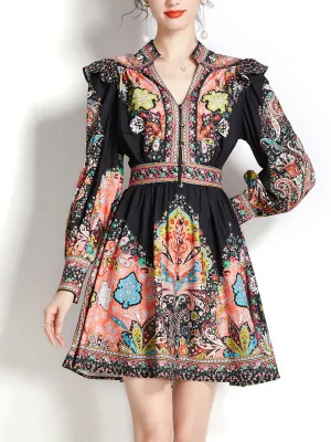 Black V Neck Floral Print Long Puff Sleeve Boho Dress Mini Dress