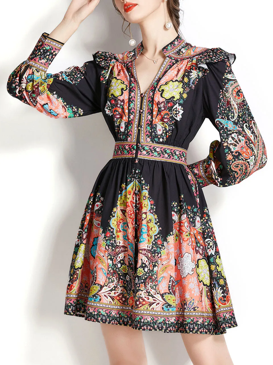 Black V Neck Floral Print Long Puff Sleeve Boho Dress Mini Dress