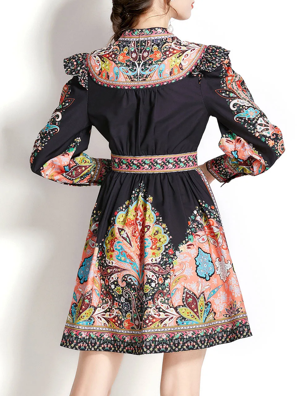 Black V Neck Floral Print Long Puff Sleeve Boho Dress Mini Dress