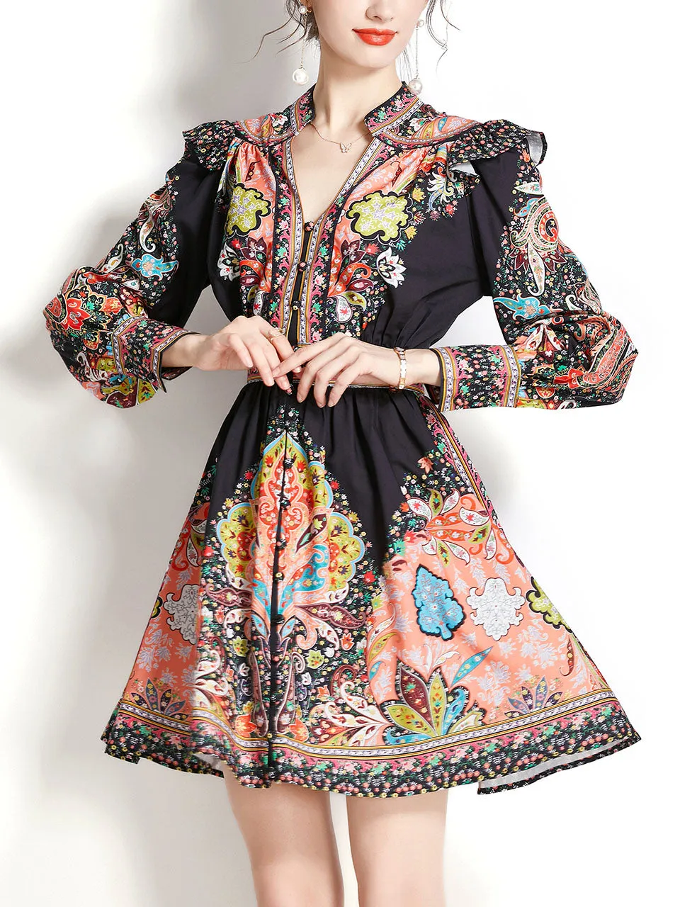 Black V Neck Floral Print Long Puff Sleeve Boho Dress Mini Dress