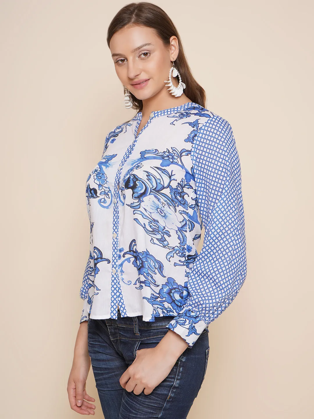 Blue & White Printed Shirt Style Top