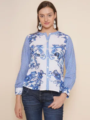 Blue & White Printed Shirt Style Top