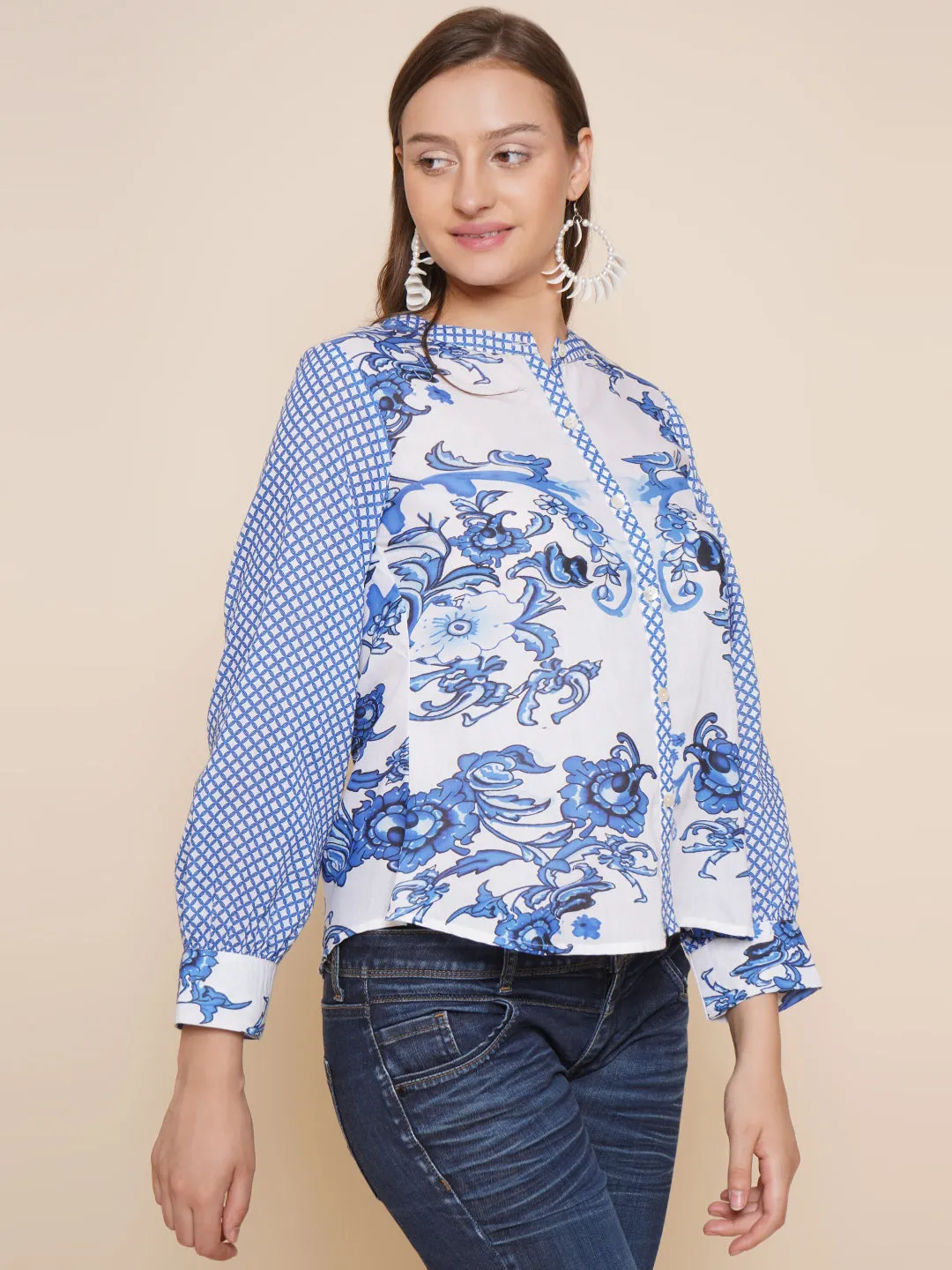 Blue & White Printed Shirt Style Top