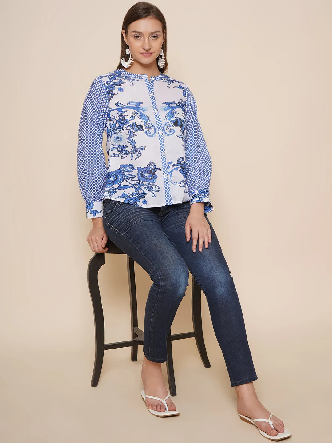 Blue & White Printed Shirt Style Top