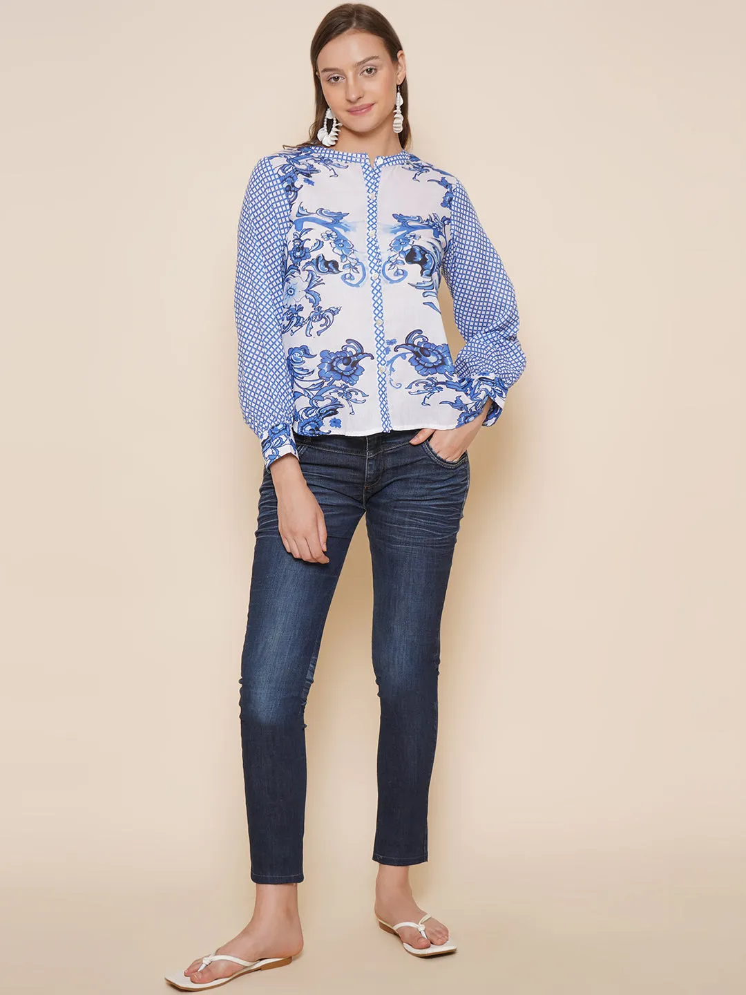 Blue & White Printed Shirt Style Top