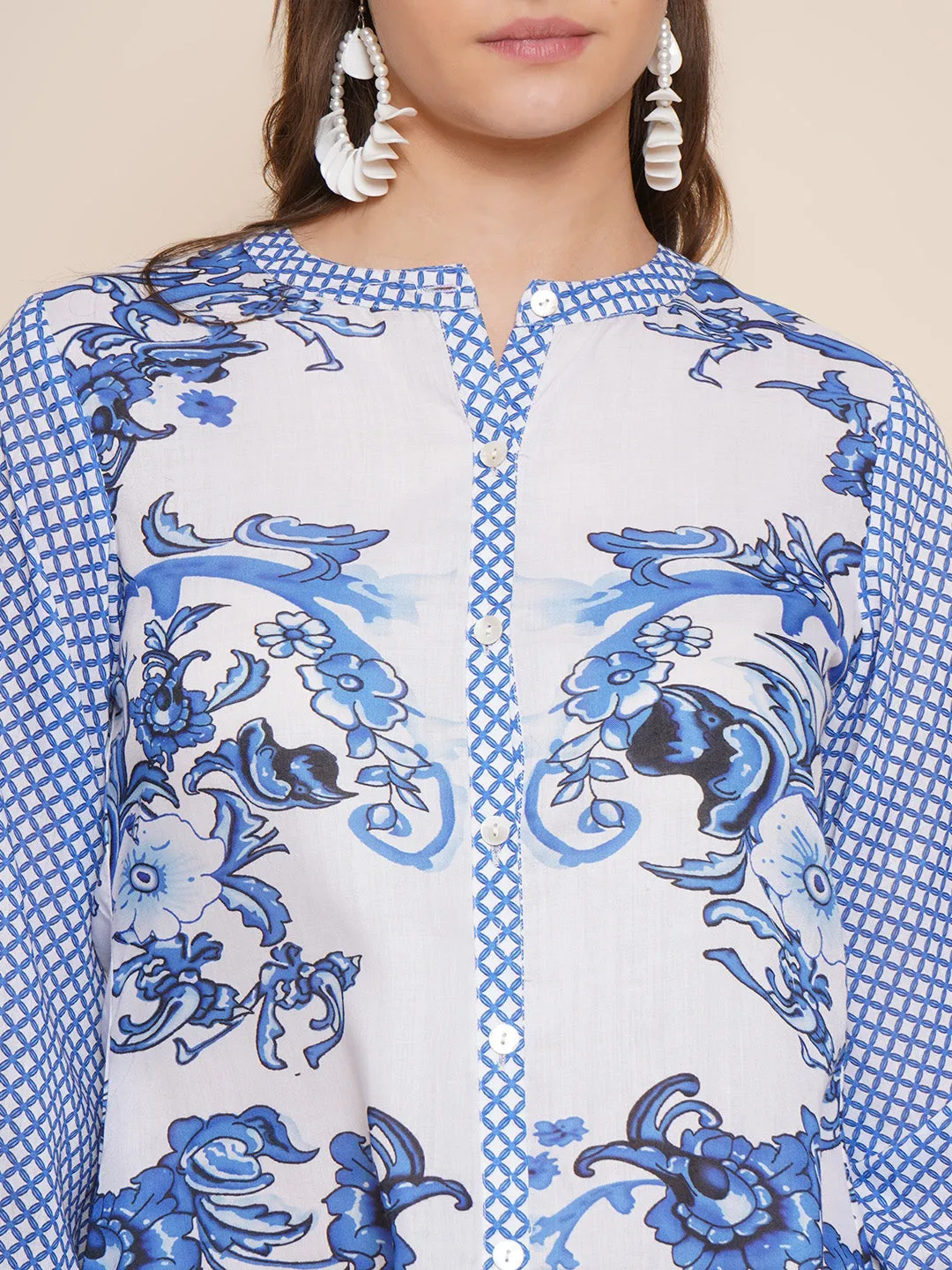 Blue & White Printed Shirt Style Top