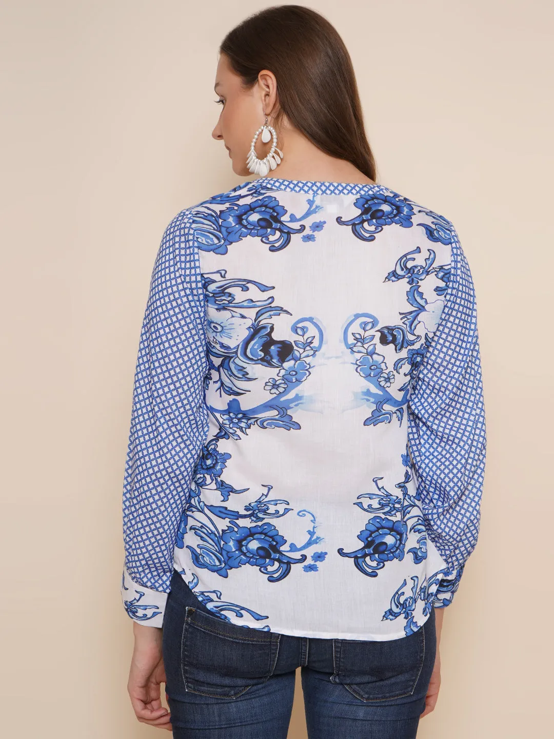 Blue & White Printed Shirt Style Top