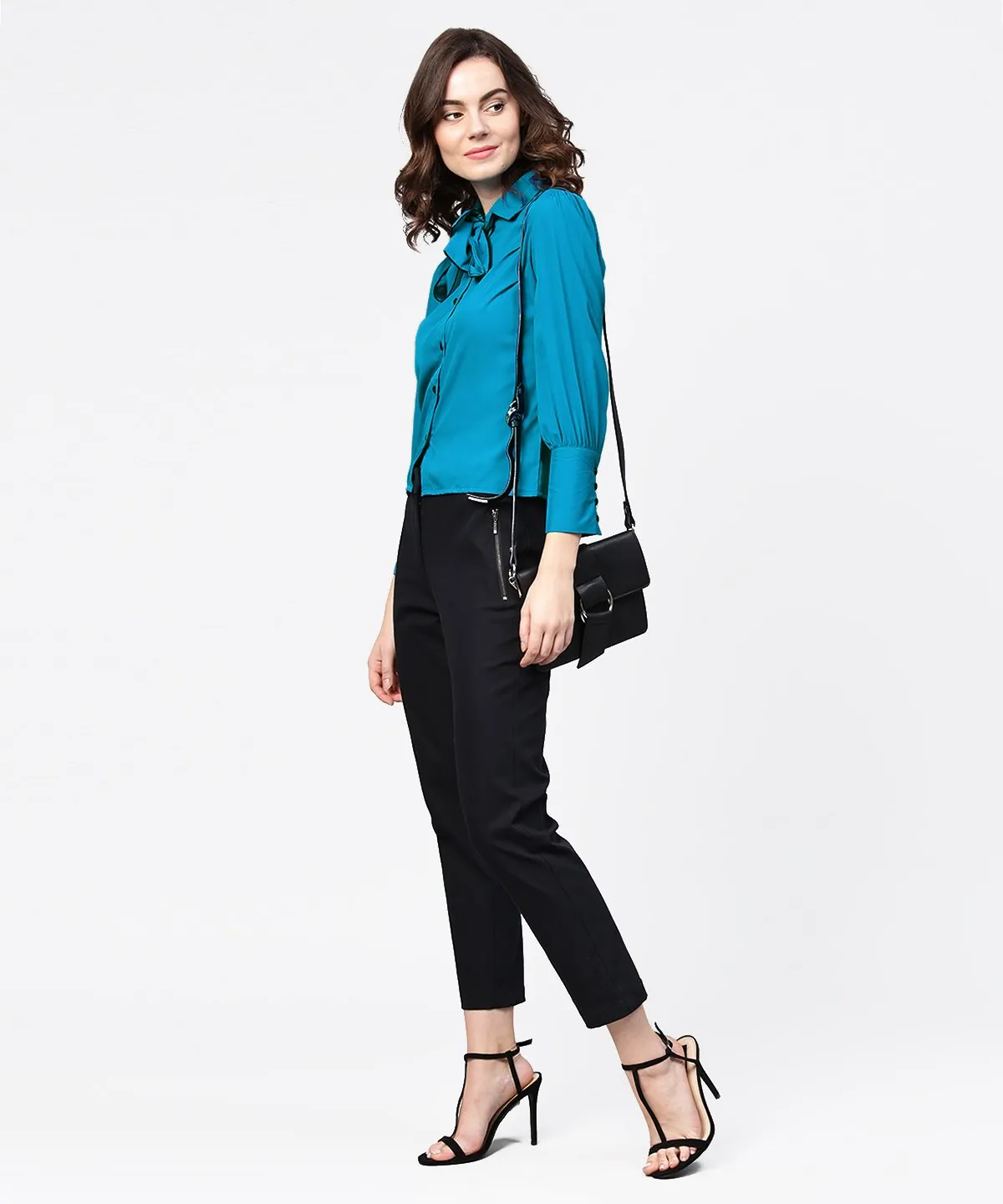 Blue Full Sleeve Crepe Shirt With Tye Design At Front