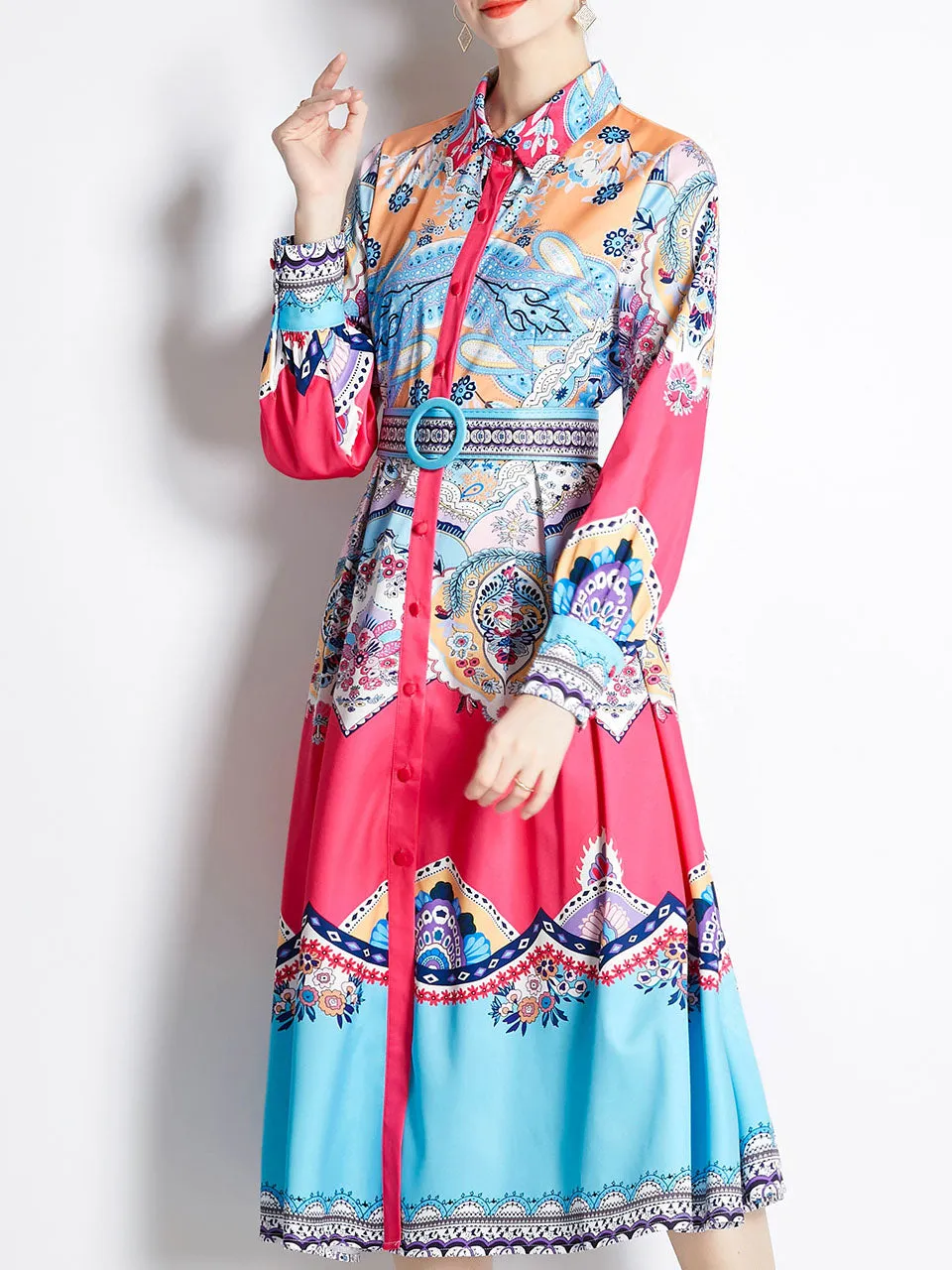 Blue Romantic Flower Print Long Sleeve With Belt Holiday Maxi Dress For Women