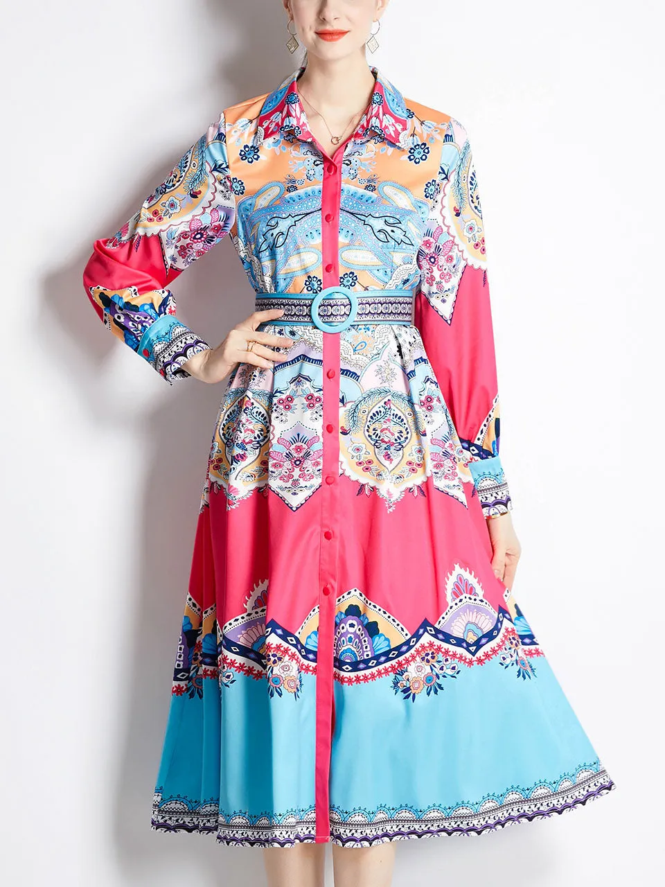 Blue Romantic Flower Print Long Sleeve With Belt Holiday Maxi Dress For Women