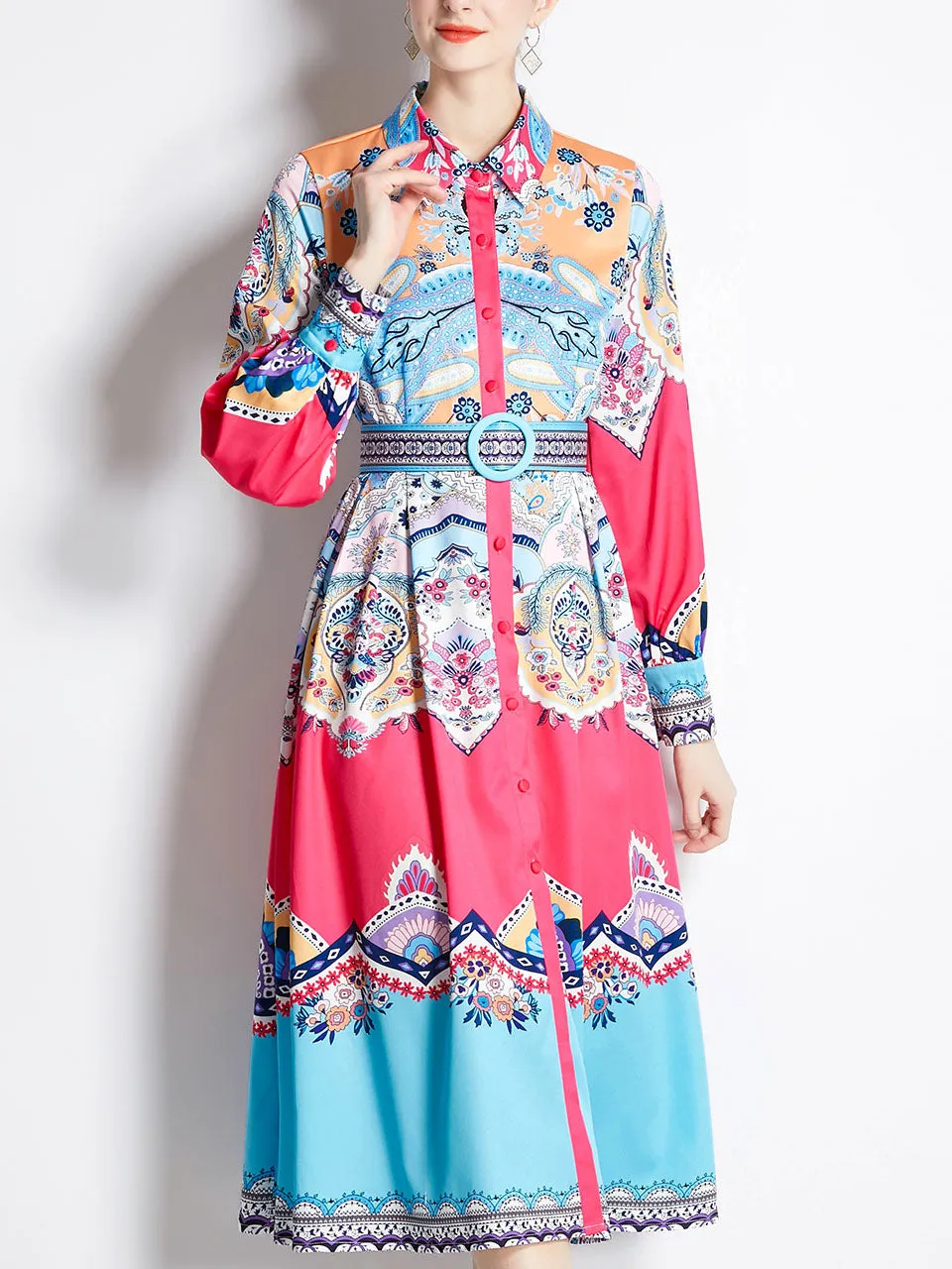 Blue Romantic Flower Print Long Sleeve With Belt Holiday Maxi Dress For Women