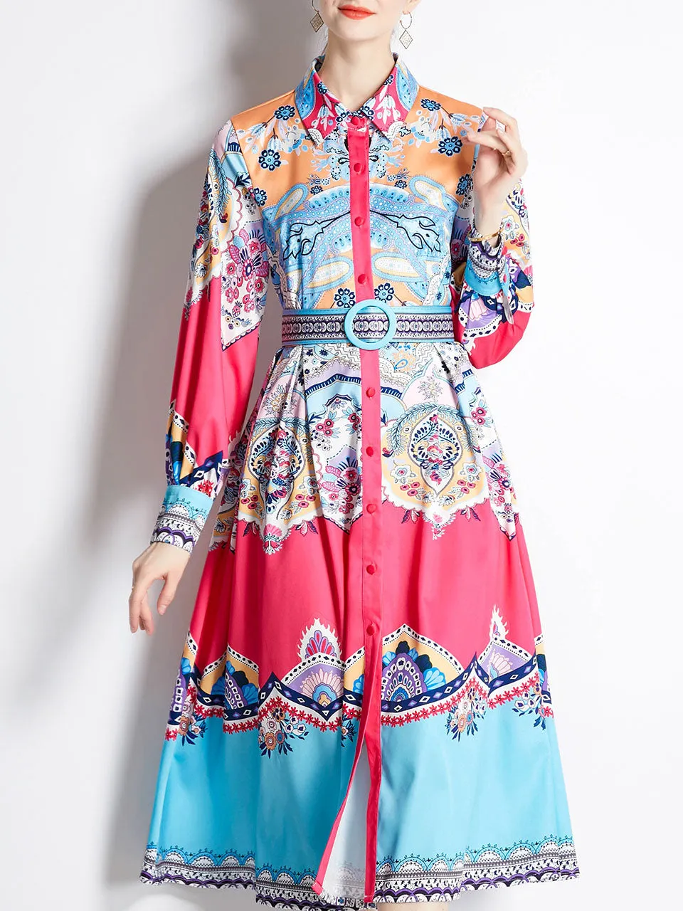 Blue Romantic Flower Print Long Sleeve With Belt Holiday Maxi Dress For Women