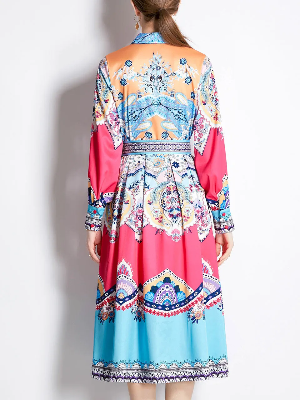 Blue Romantic Flower Print Long Sleeve With Belt Holiday Maxi Dress For Women