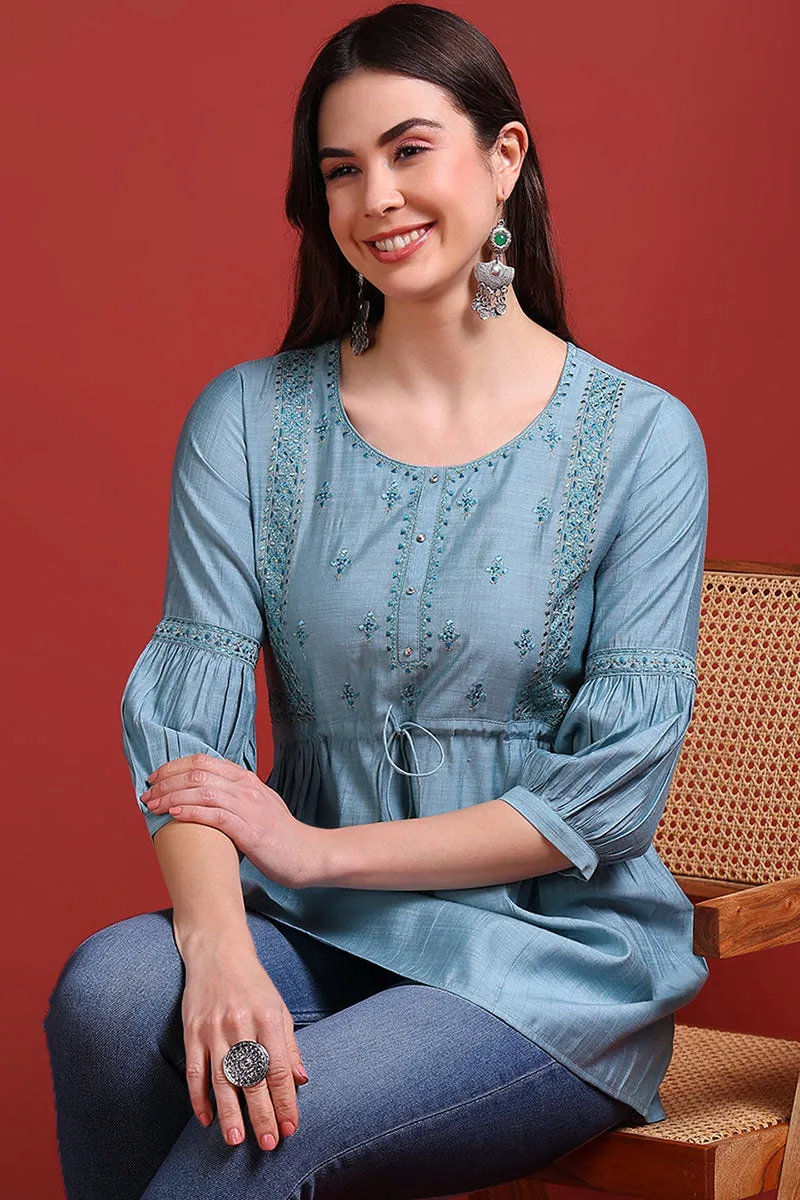 Blue Silk Blend Embroidered Regular Top