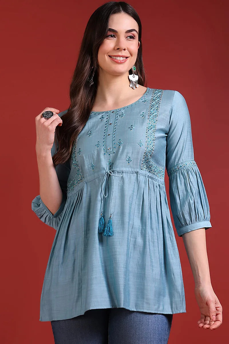 Blue Silk Blend Embroidered Regular Top