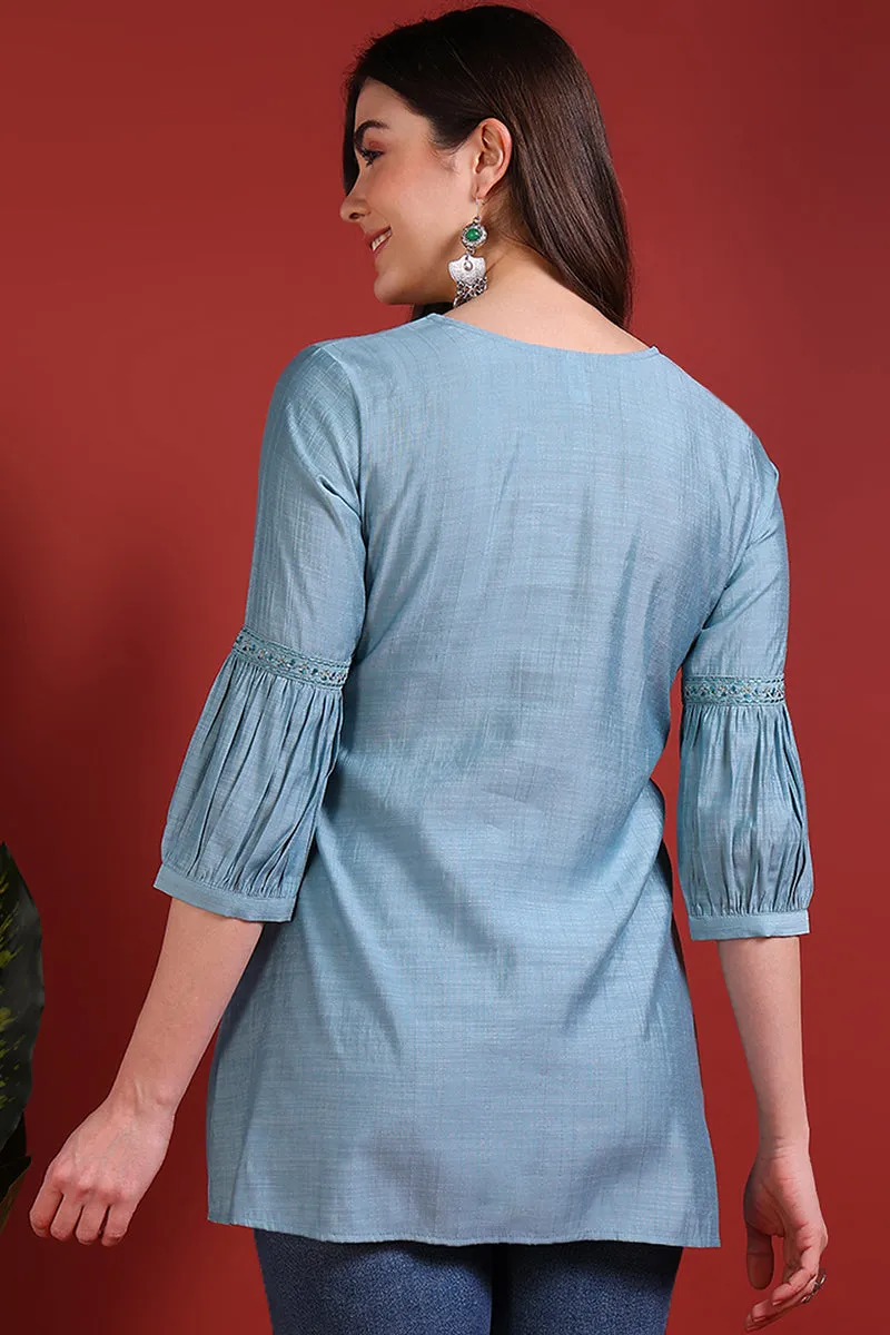 Blue Silk Blend Embroidered Regular Top