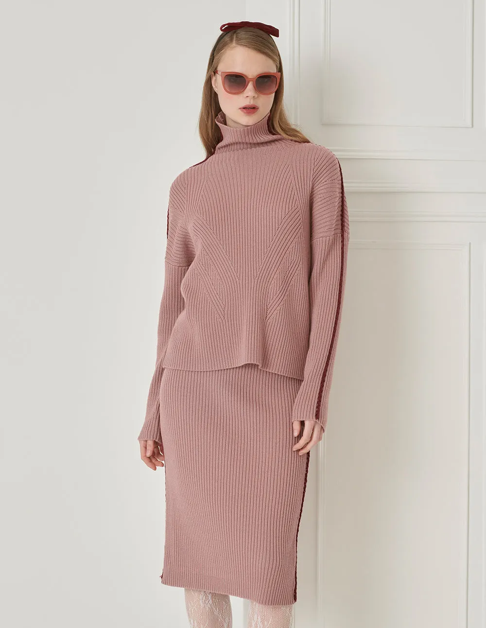 BORA AKSU Hand-Crocheted Pink Contrast Wool Straight Skirt