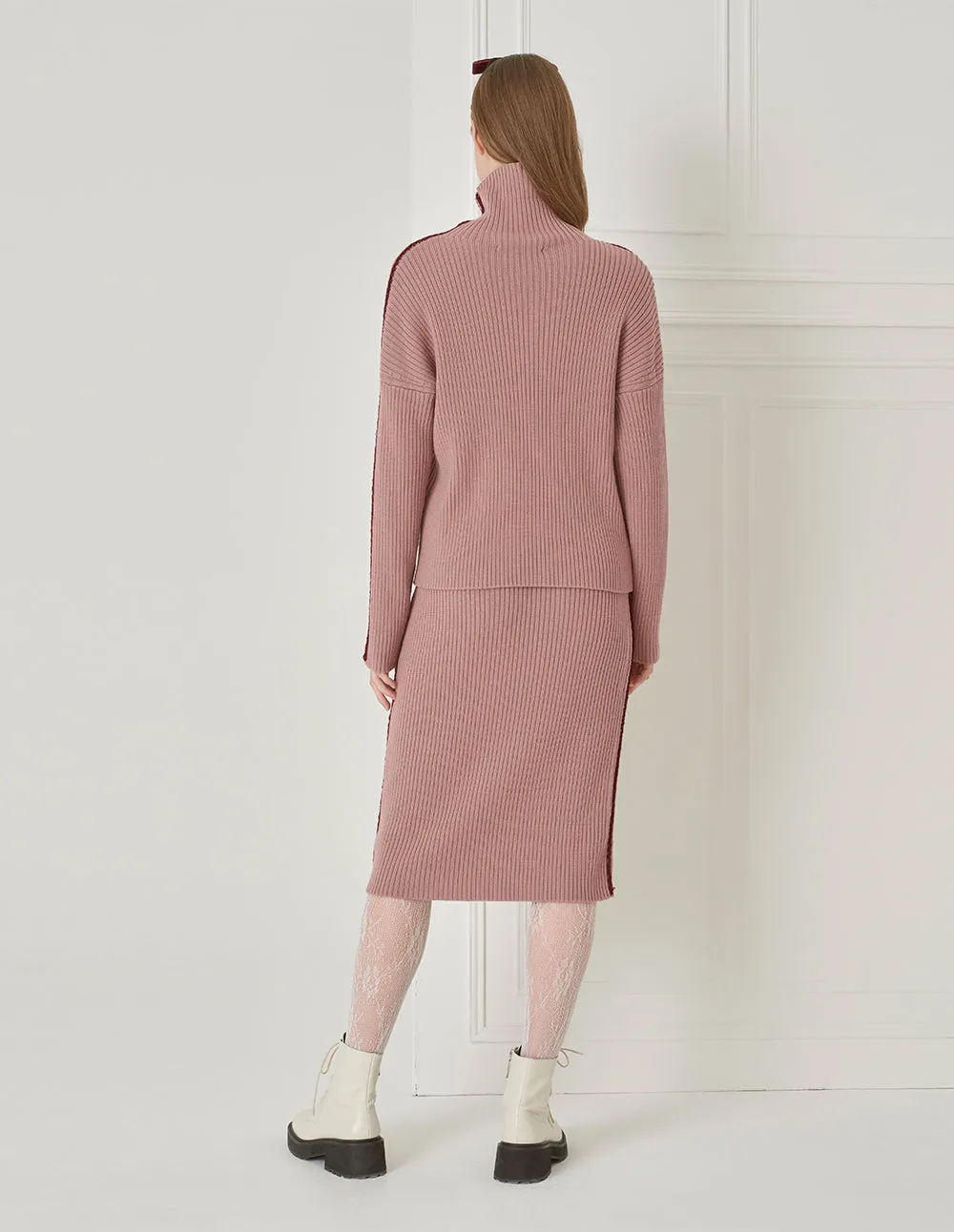 BORA AKSU Hand-Crocheted Pink Contrast Wool Straight Skirt