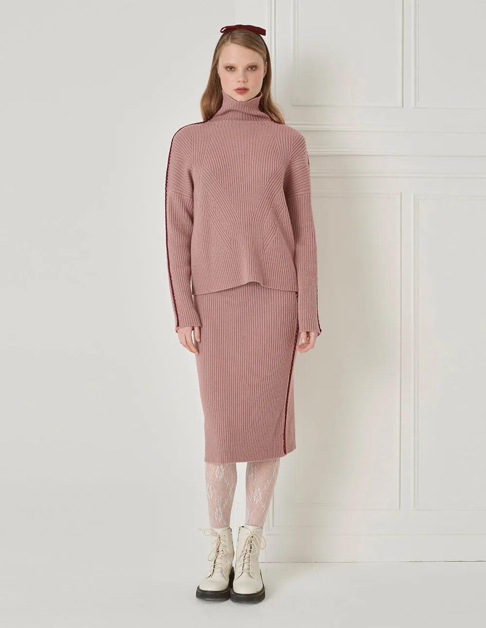 BORA AKSU Hand-Crocheted Pink Contrast Wool Straight Skirt