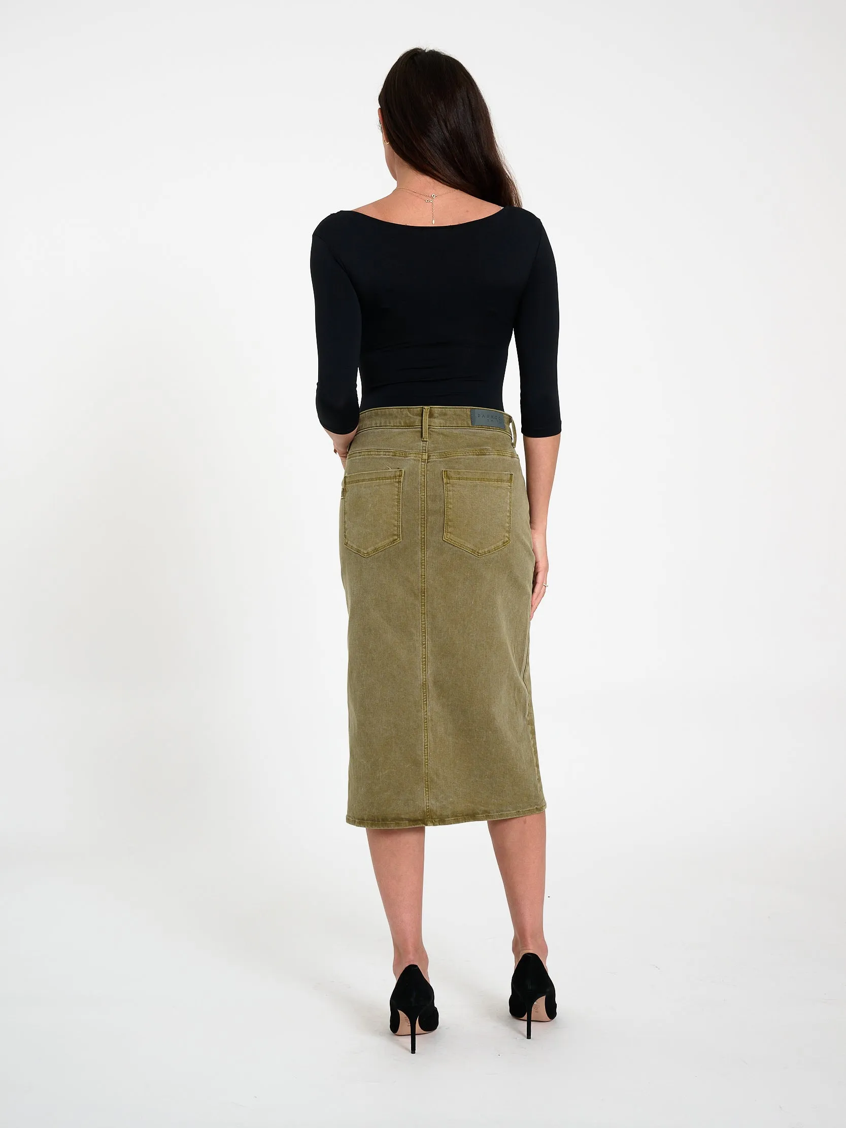 Button Fly Midi Skirt Army