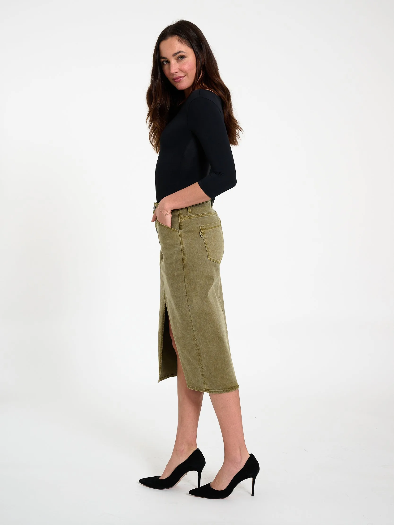 Button Fly Midi Skirt Army