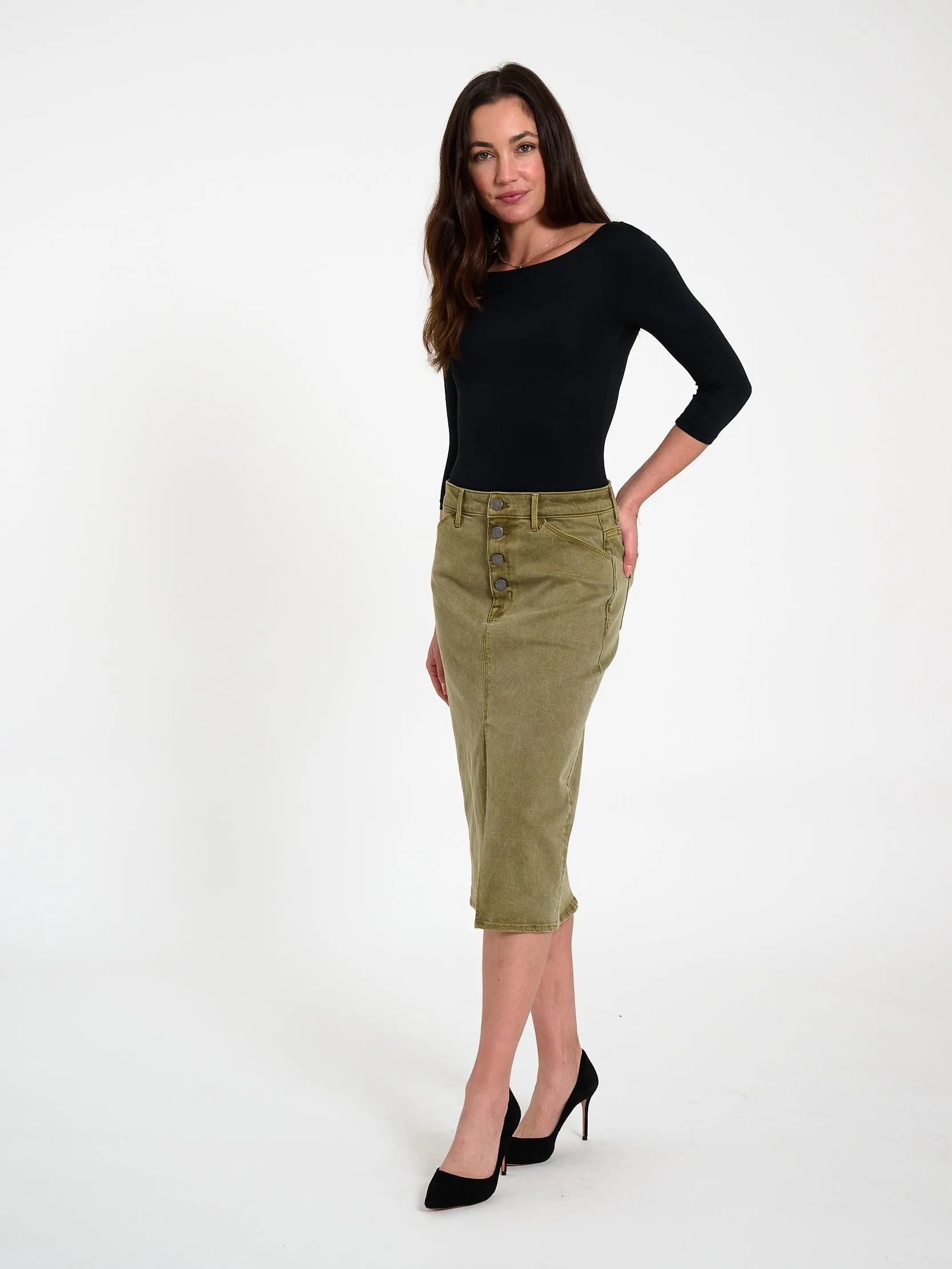 Button Fly Midi Skirt Army