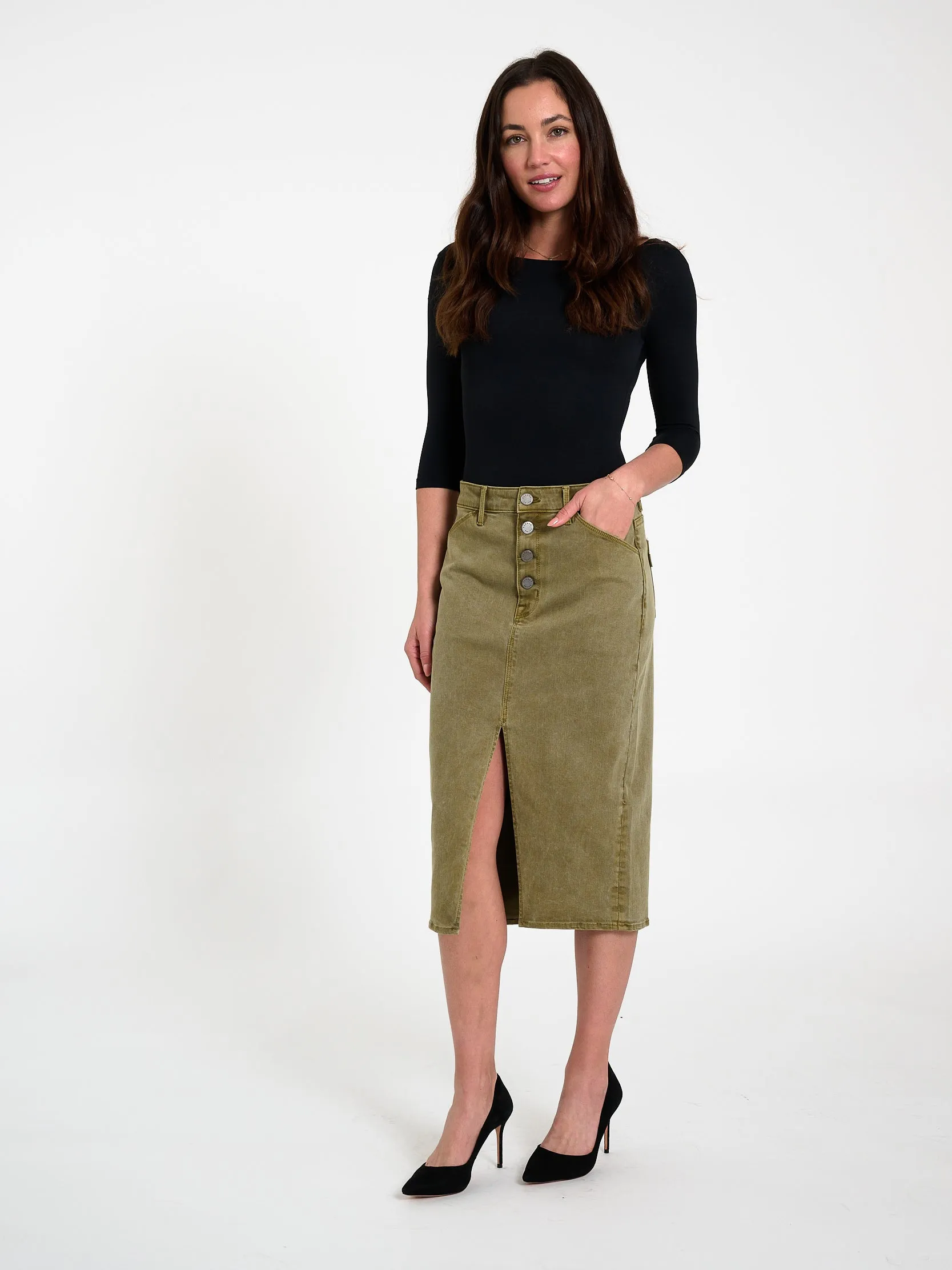 Button Fly Midi Skirt Army