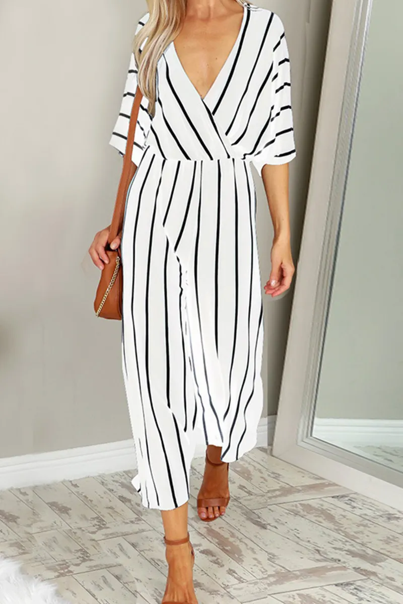 Casual Striped Patchwork V Neck Straight Jumpsuits