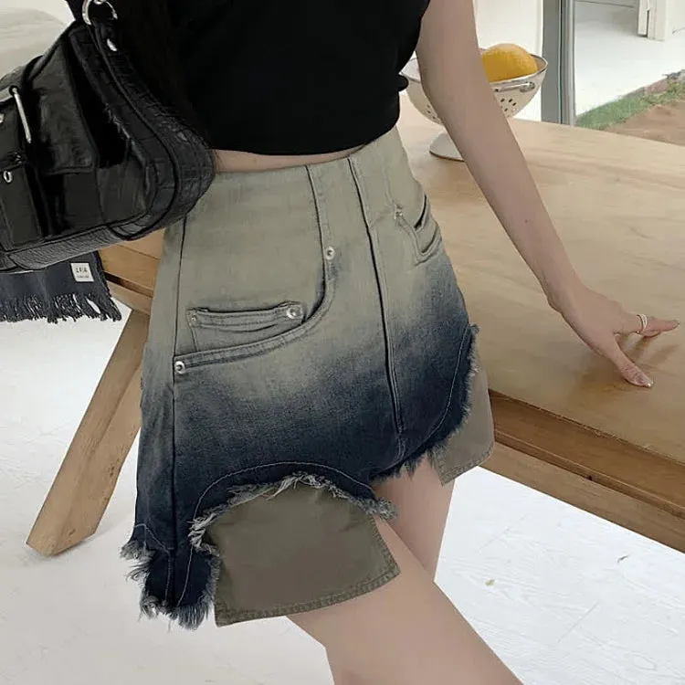 Chic Gradient Color High Waist Denim Shorts