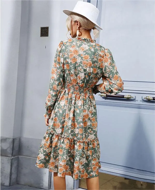 Cinched Waist Long Sleeve V-neck Floral Maxi Dress