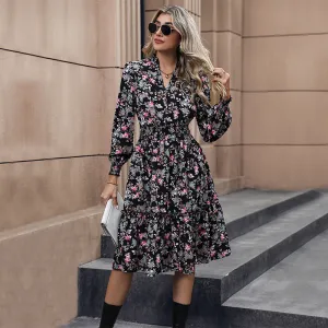 Cinched Waist Long Sleeve V-neck Floral Maxi Dress