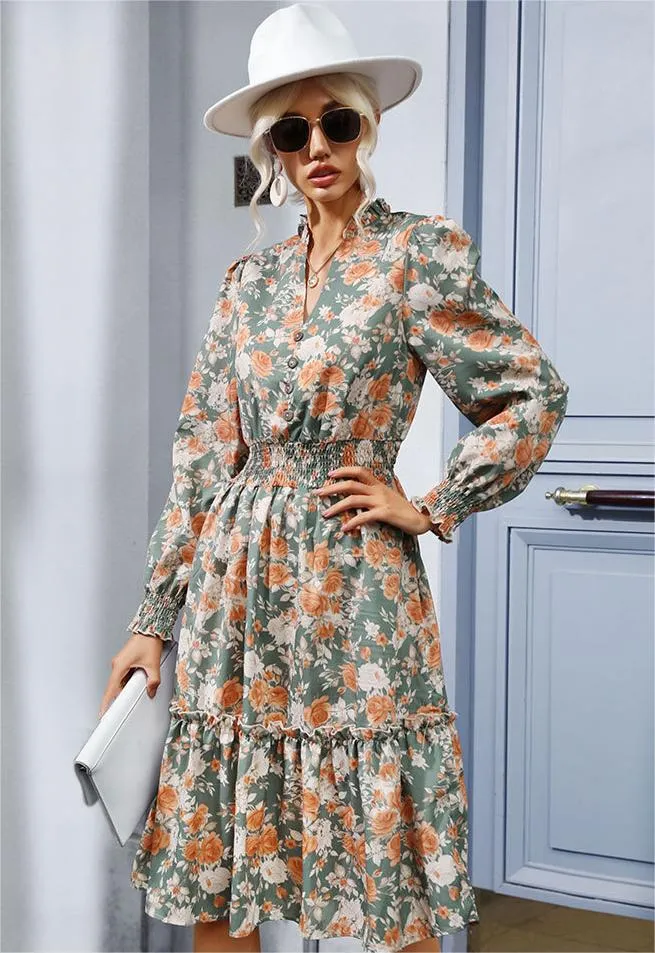 Cinched Waist Long Sleeve V-neck Floral Maxi Dress