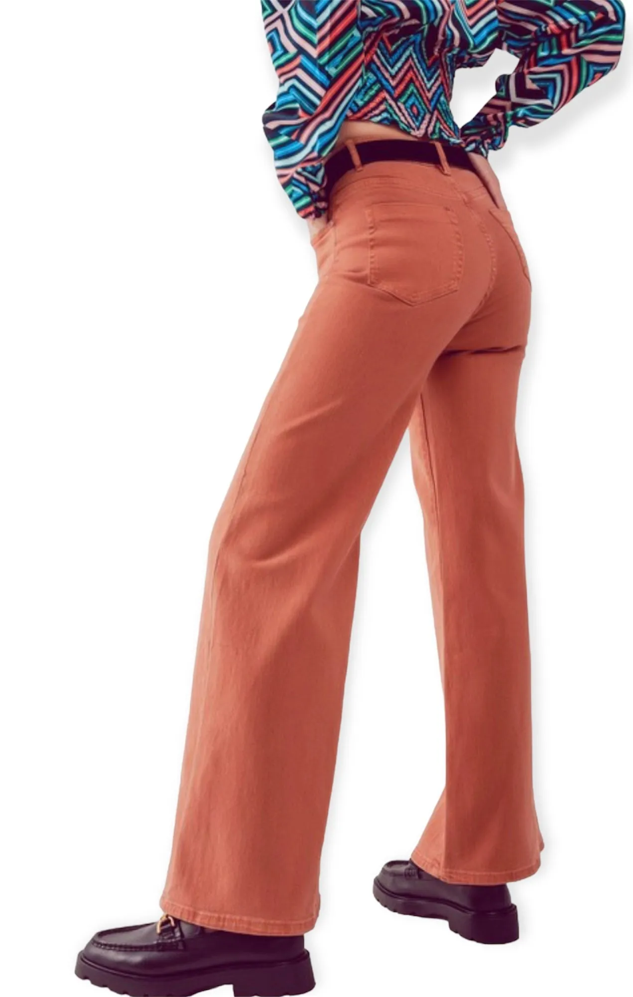 Cotton Blend Wide Leg Jeans In Orange