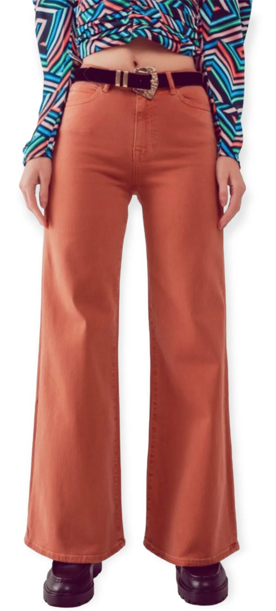 Cotton Blend Wide Leg Jeans In Orange