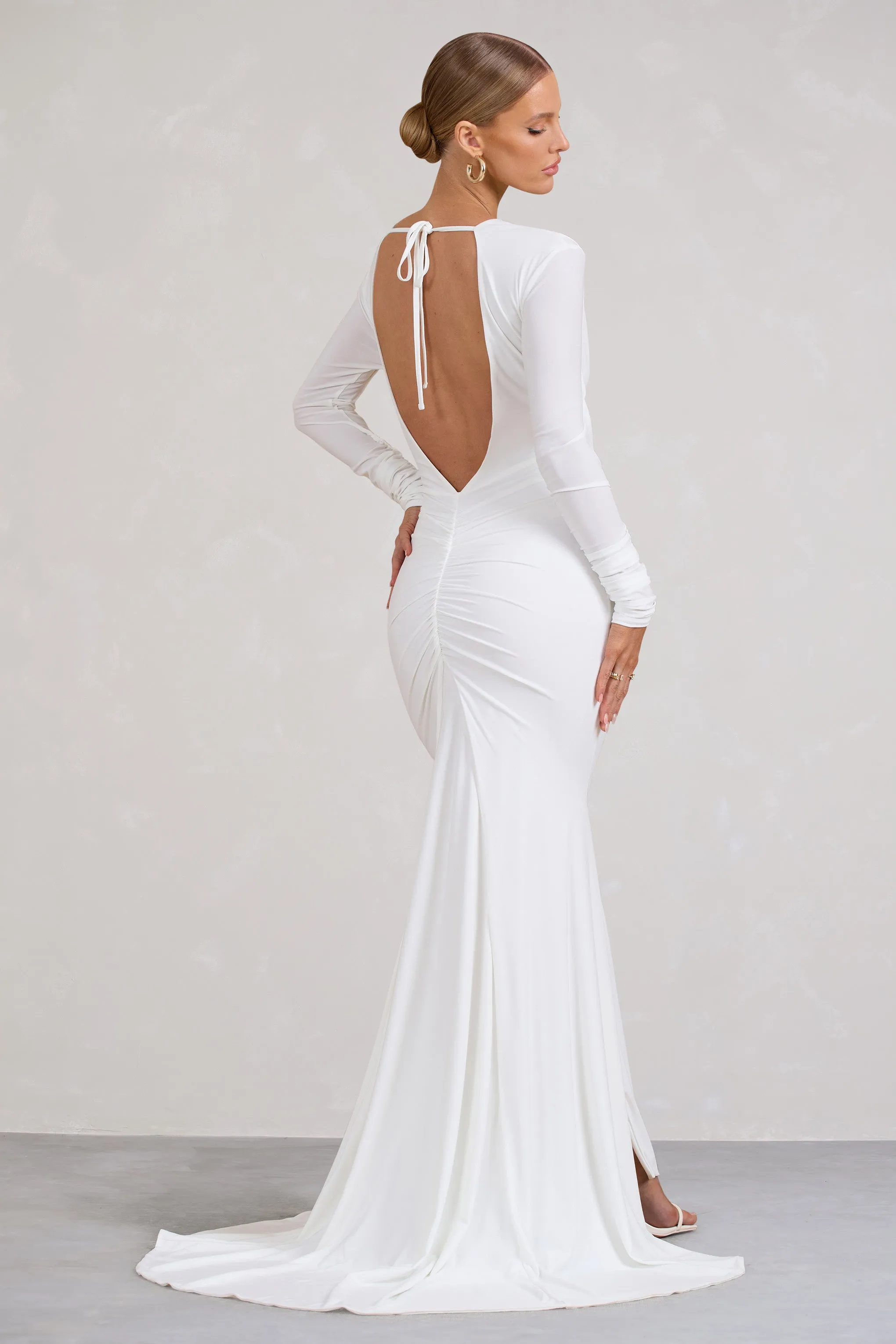 Demure | White Ruched Long-Sleeved Split Fishtail Maxi Dress