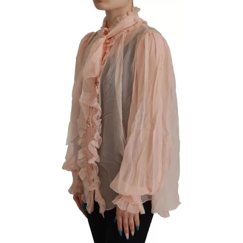 Dolce & Gabbana Light Pink Silk Ascot Collar Long Sleeves Top