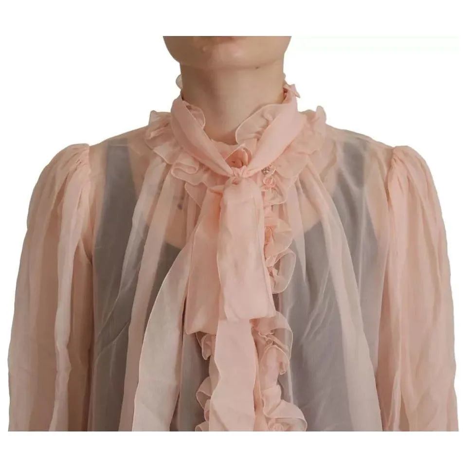 Dolce & Gabbana Light Pink Silk Ascot Collar Long Sleeves Top