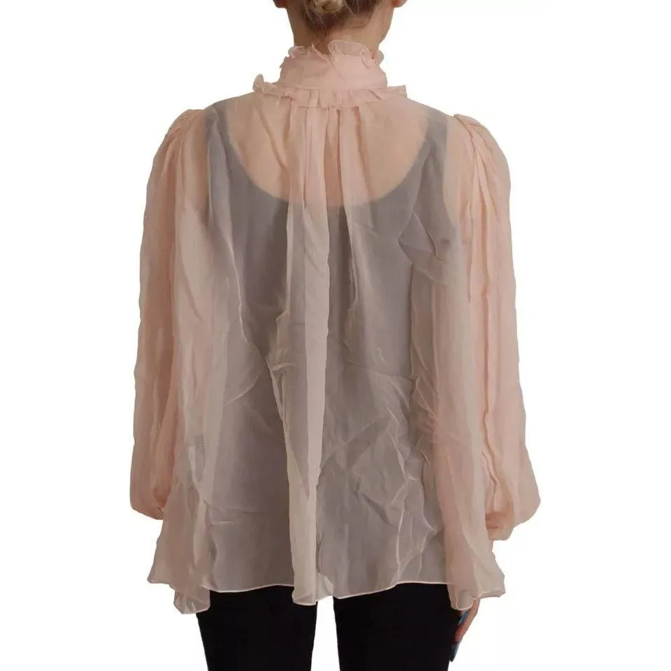 Dolce & Gabbana Light Pink Silk Ascot Collar Long Sleeves Top